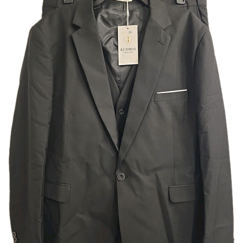 NEW Men Kudmol Full‎ Suit Single Breasted Black With Vest, Pants & Jacket 3X